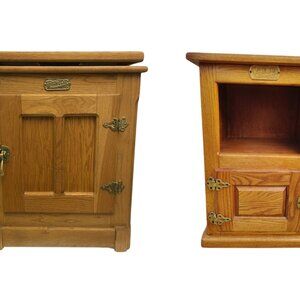 2 Vintage White Clad Oak Icebox Cabinets – Mission Style End Table with Brass